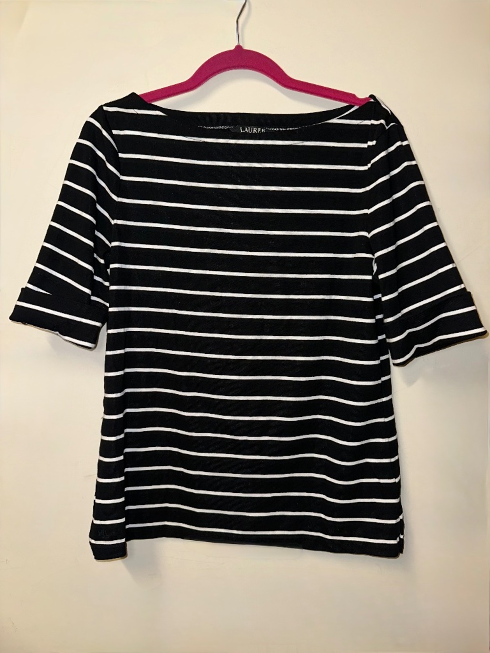 Lauren Ralph Lauren Black and White Stiped Boatneck 3/4 sleeve top size large